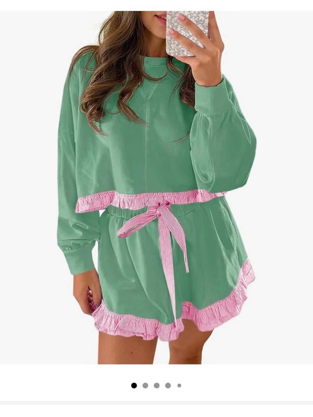 Amazon Women’s Mint Green Lounge Set with Pink Ruffle Trim